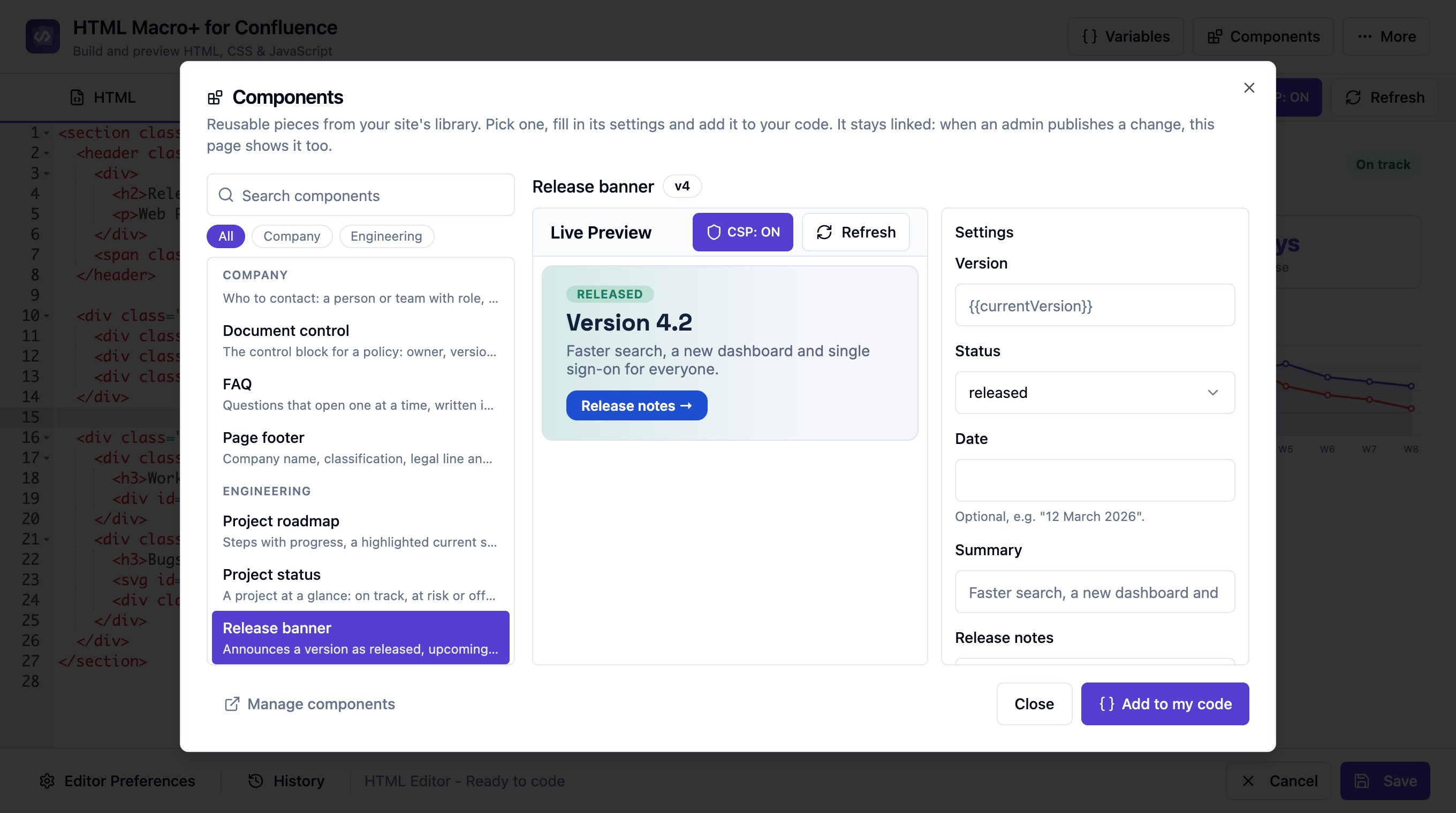 The component picker in the macro editor, with a live preview and the component's settings