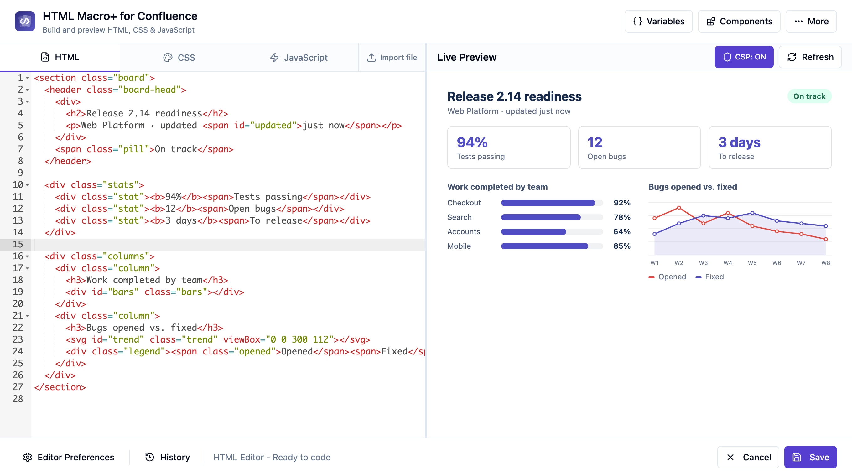 The Variables and Components buttons in the macro editor header