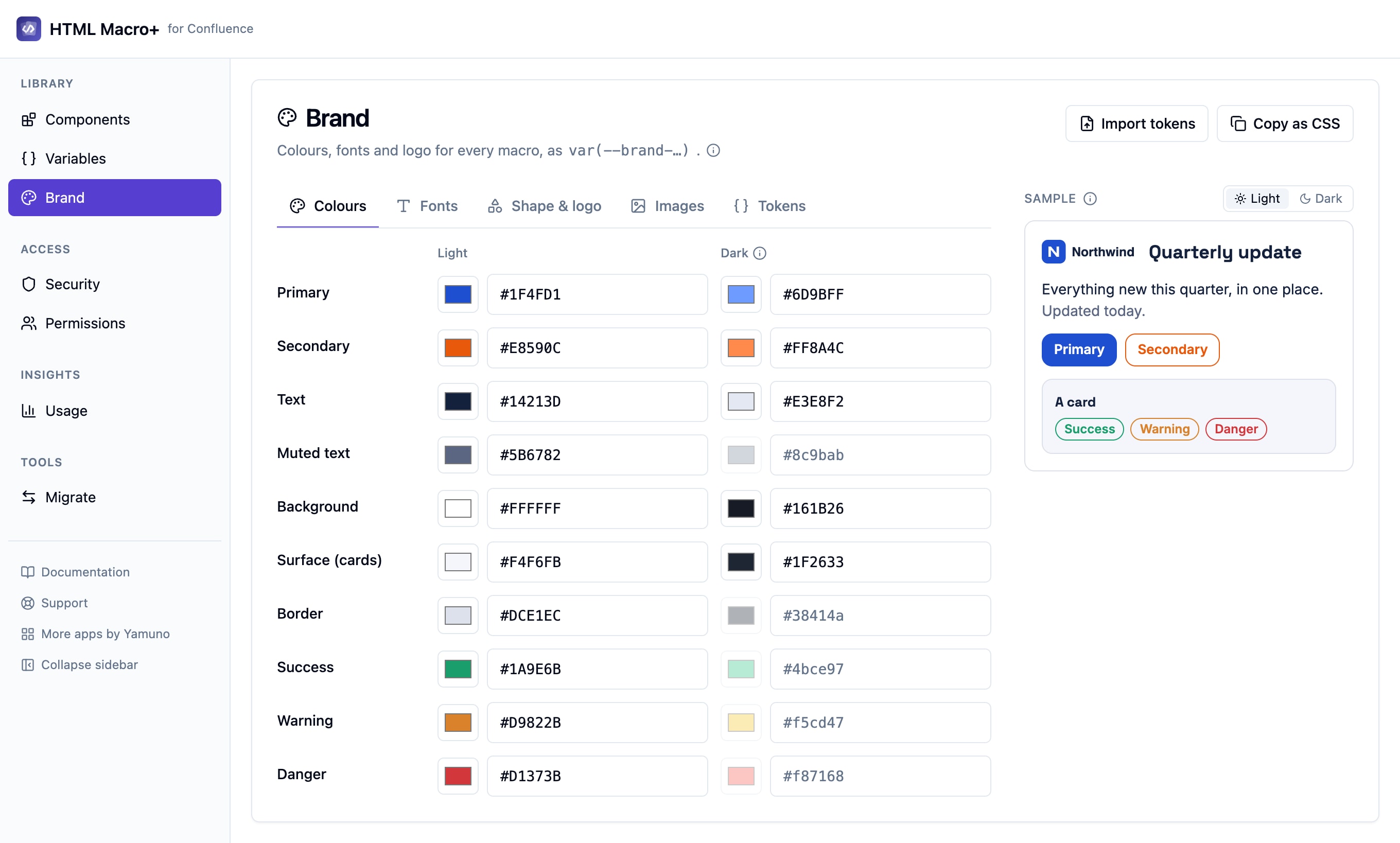 The Brand page of the library, with light and dark colours and a live sample