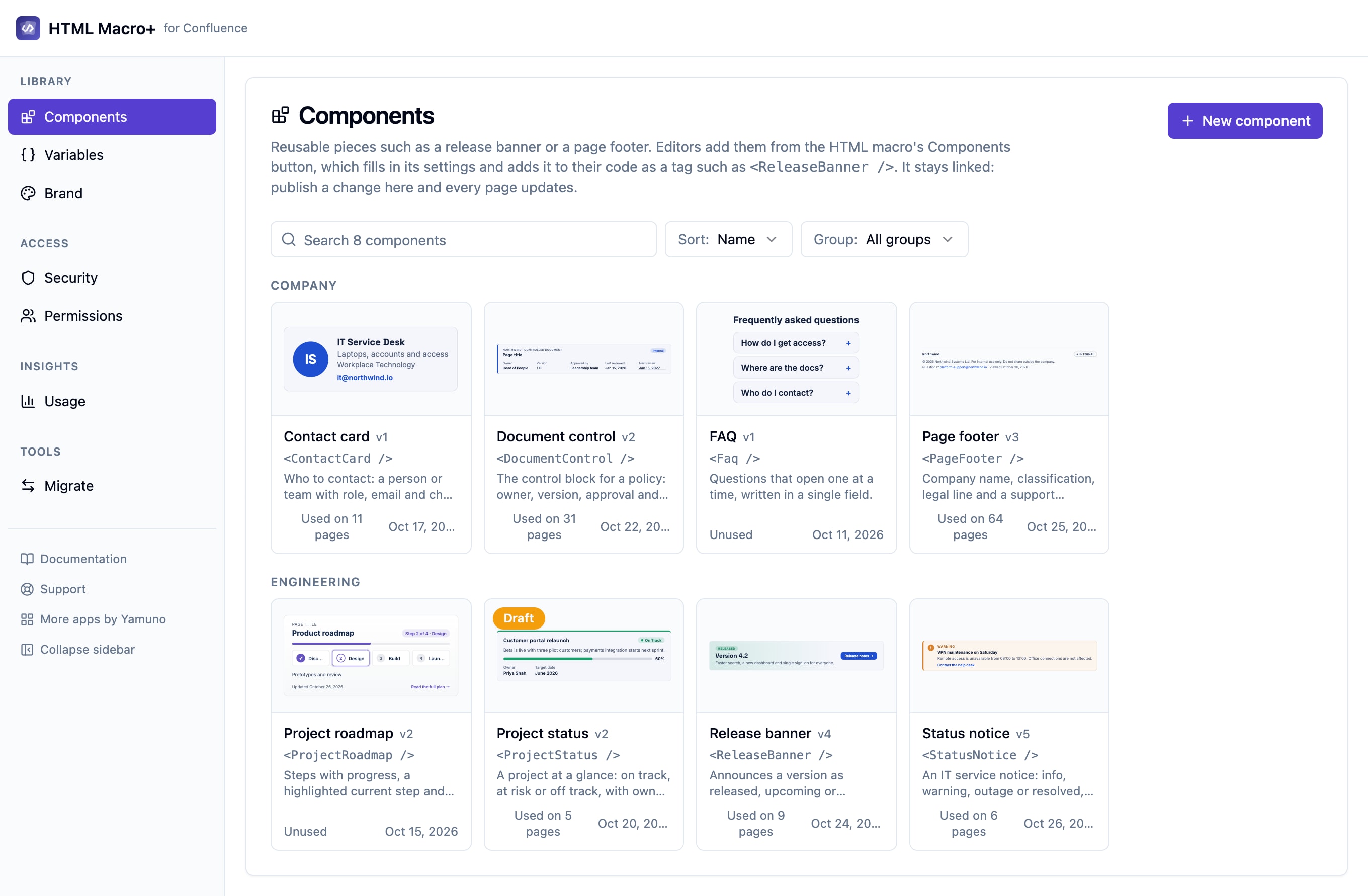 The Components page of the library, with the Northwind starter components
