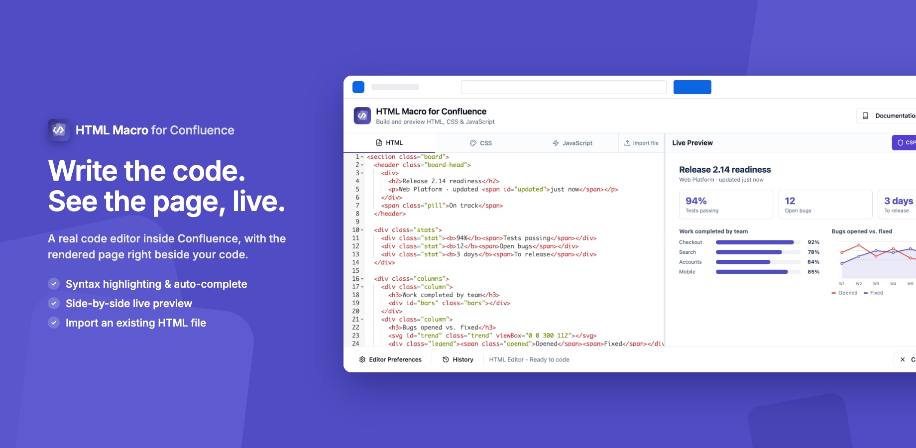 HTML, CSS and JavaScript editor with live preview