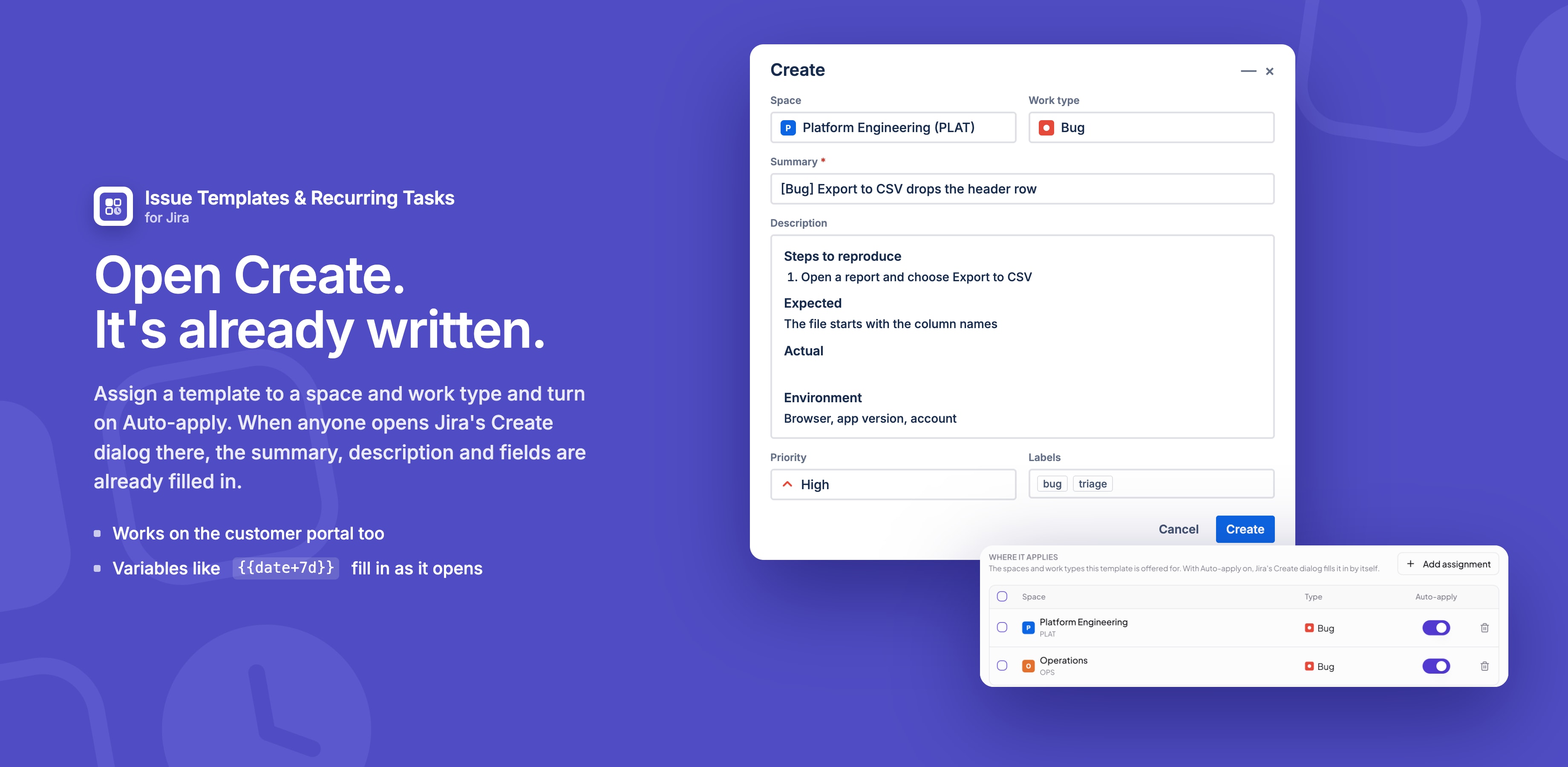 Jira's Create dialog filled in by an issue template, next to its Auto-apply assignments
