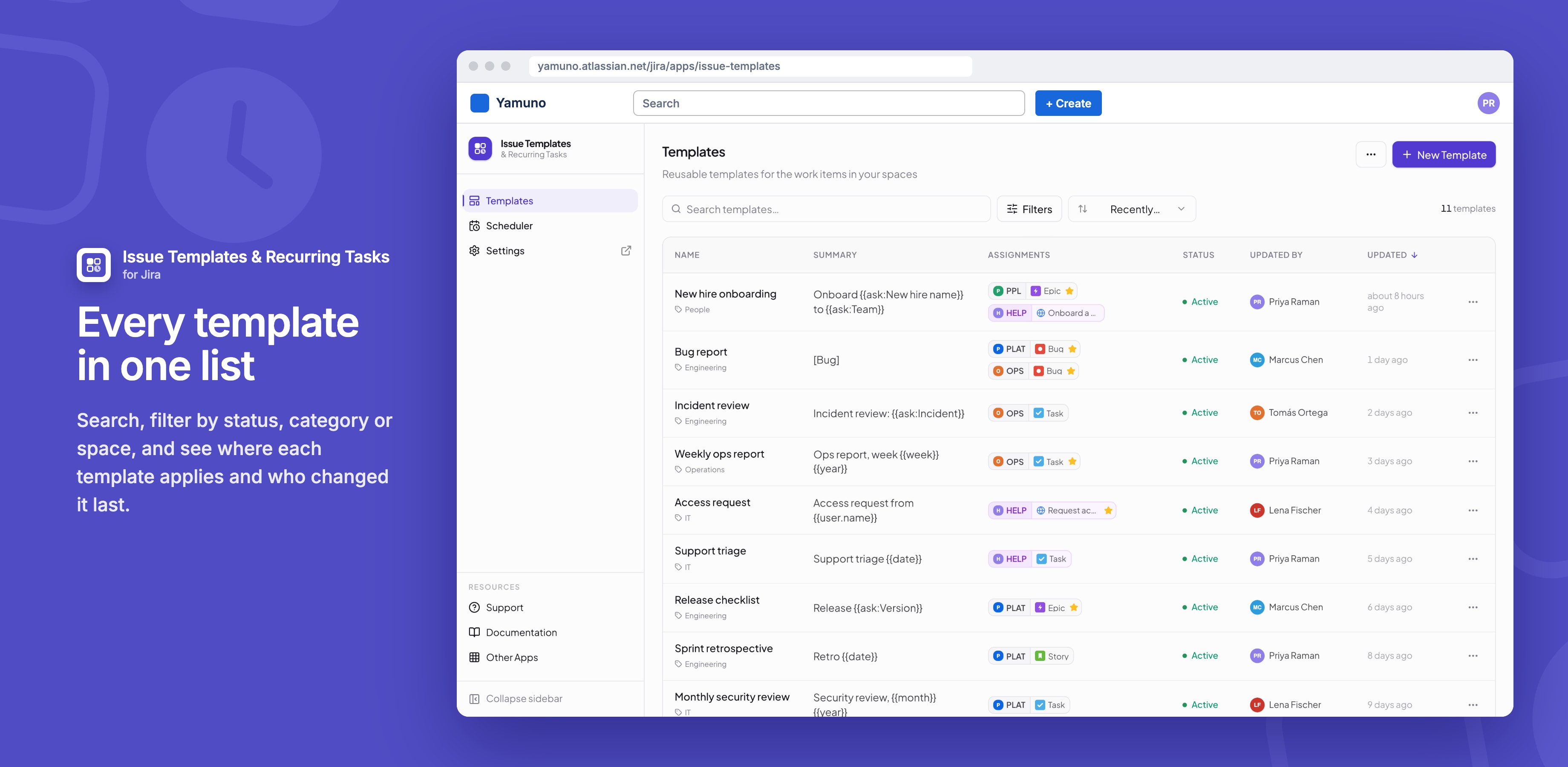 The templates list with categories, assignments and status