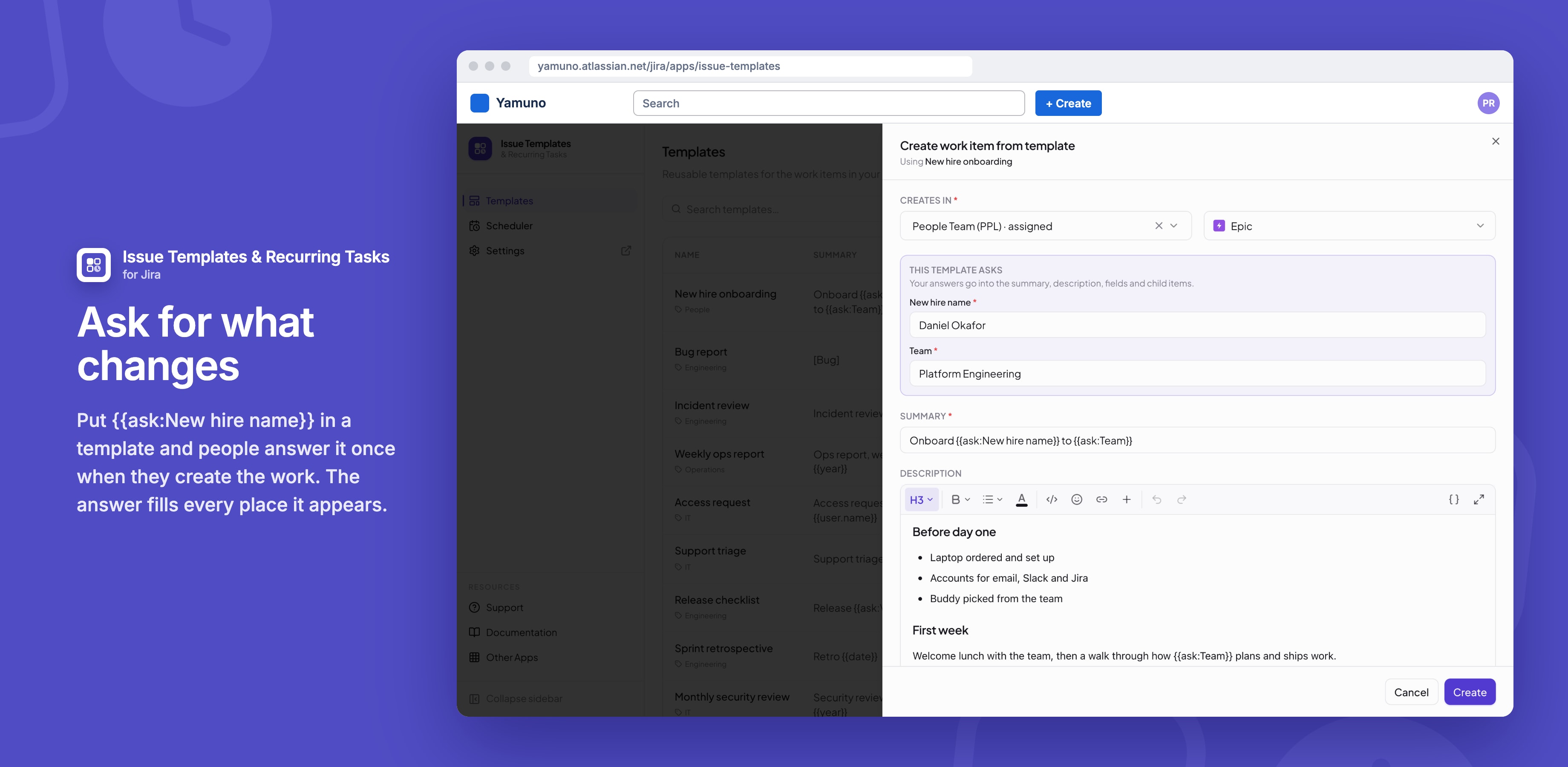 Create work item from template, with the space and work type chosen and the template's questions answered