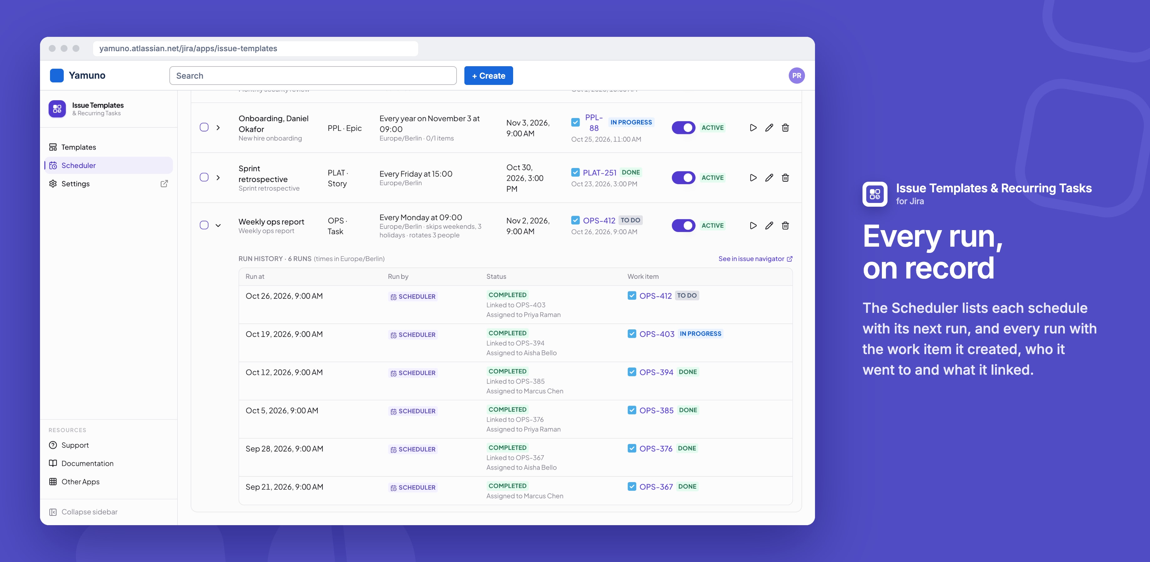 A schedule's run history: each run with the work item it created, what it linked to and who it was assigned to