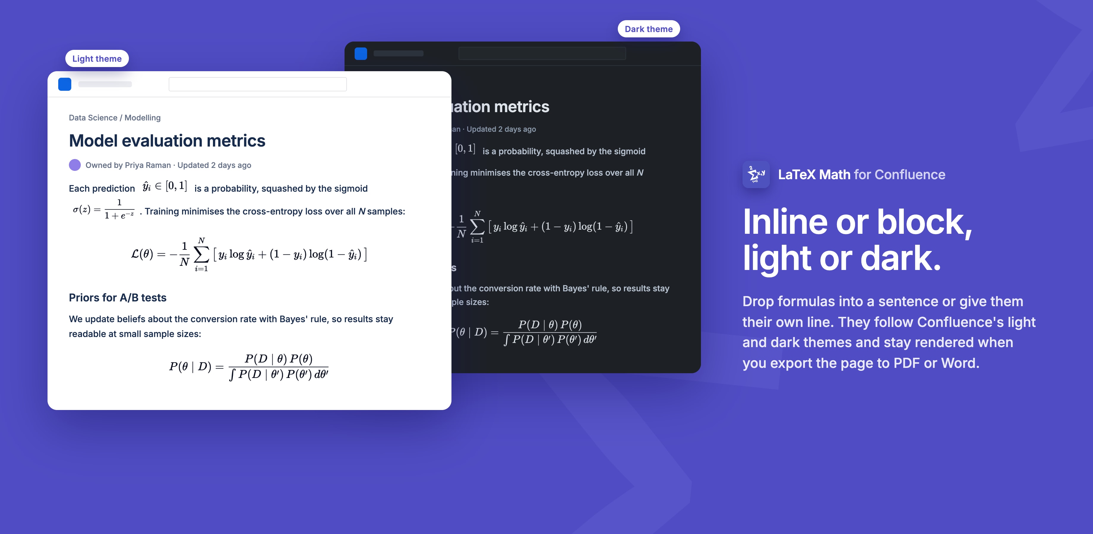 Inline and block formulas in light and dark themes
