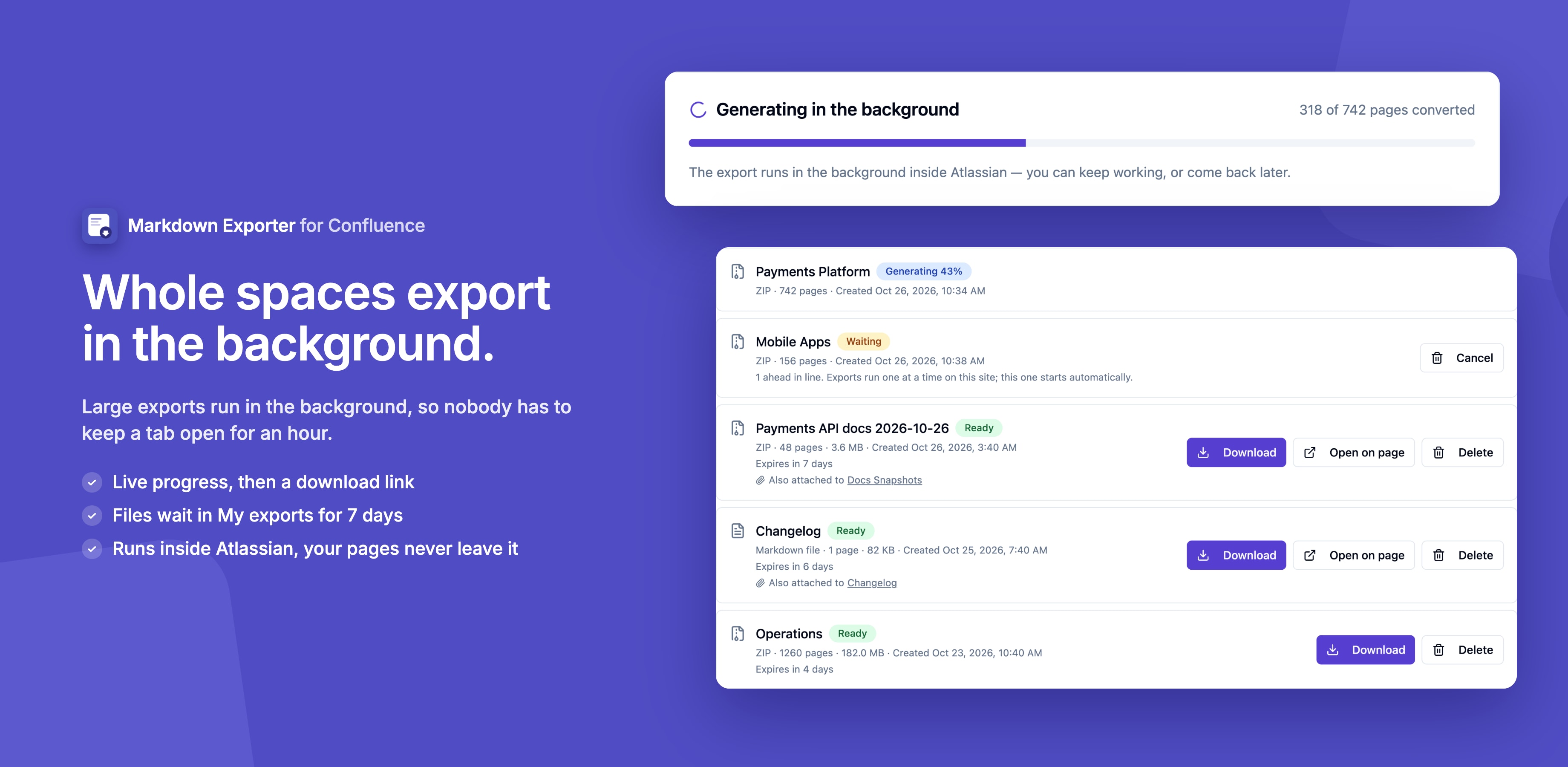 A whole space exporting in the background, next to the My exports list