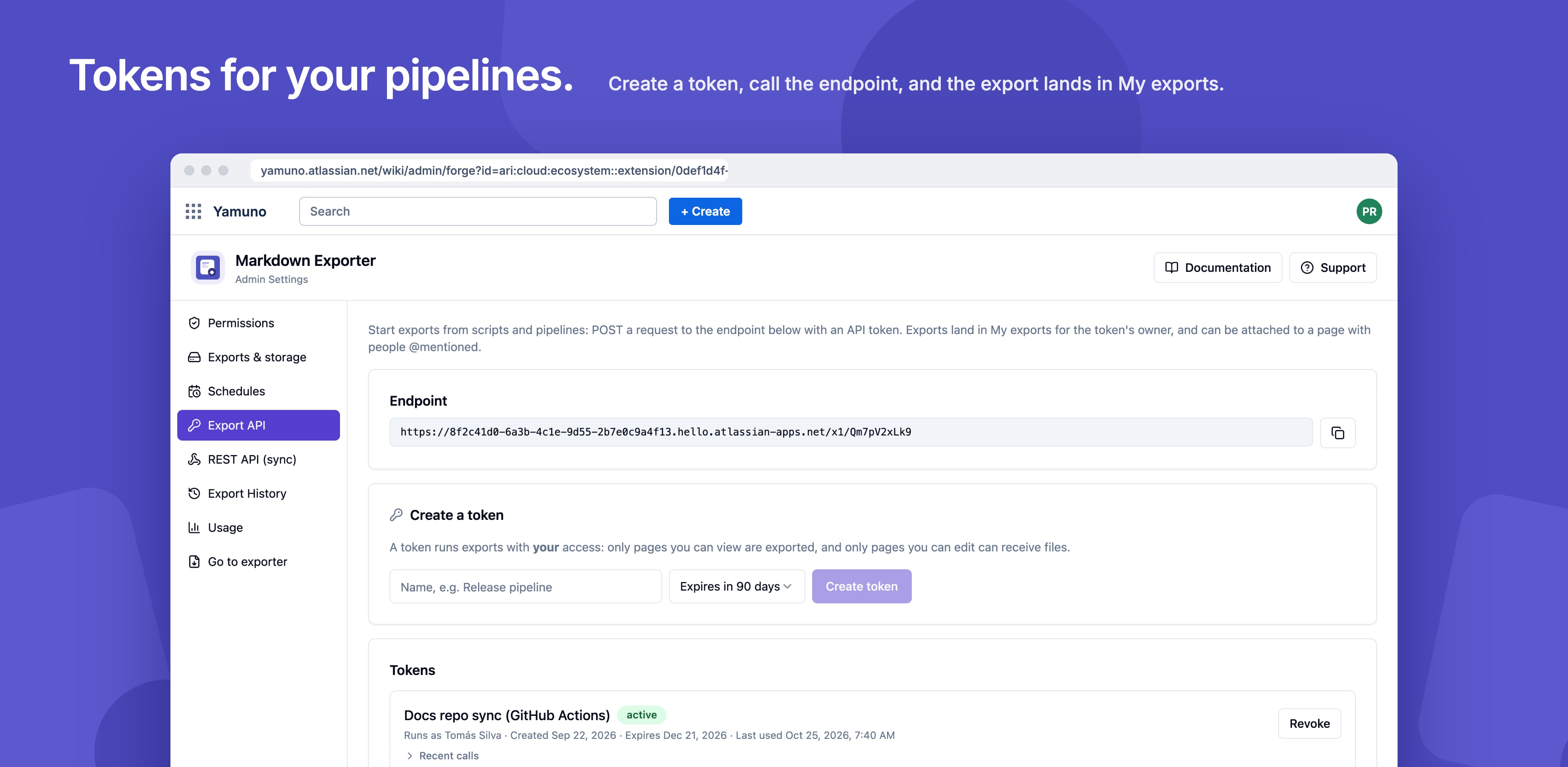 The Export API settings: a token, its recent calls, and the endpoint to call