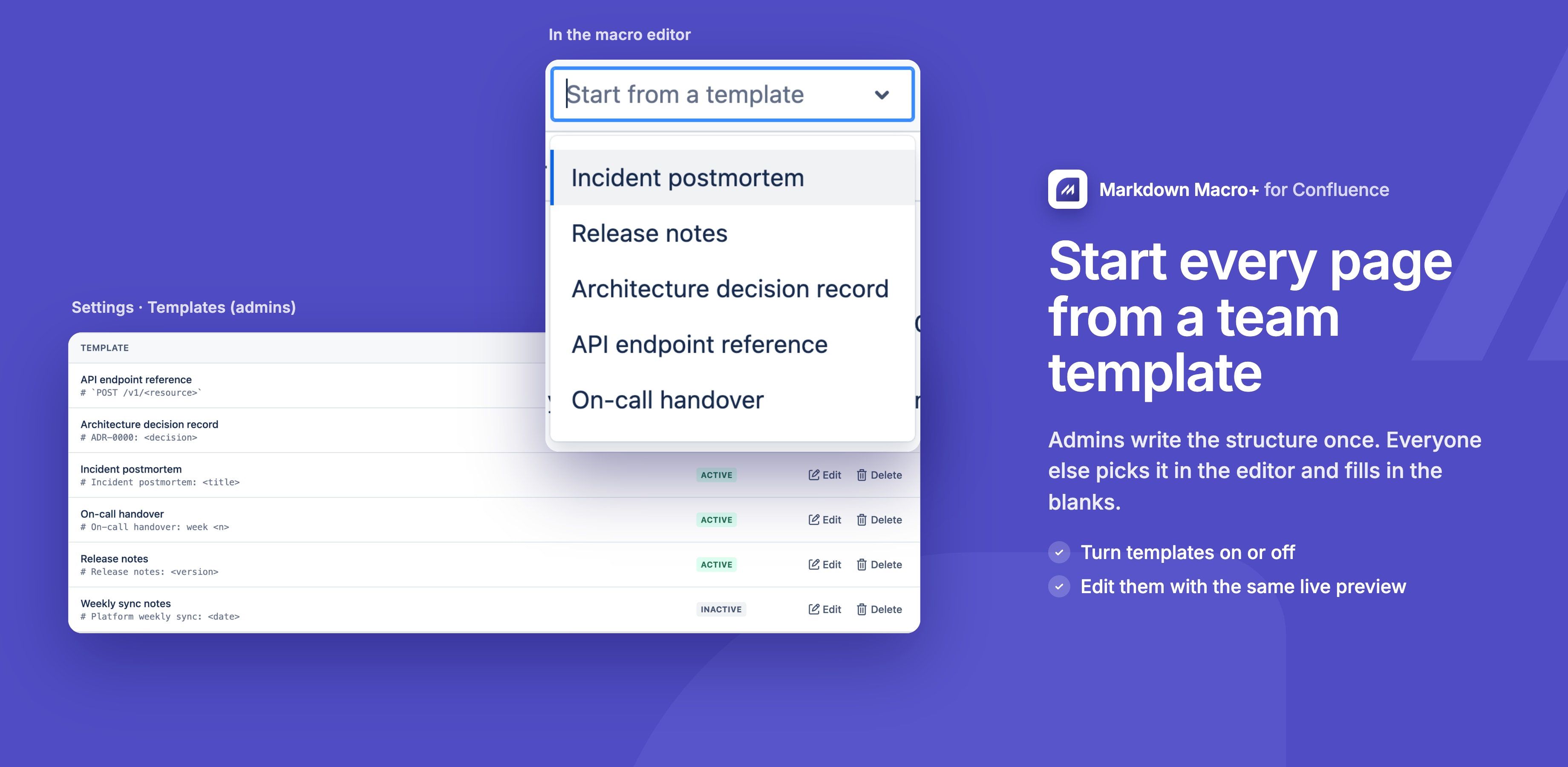 Template list in the Markdown Macro+ settings and the template picker in the macro editor