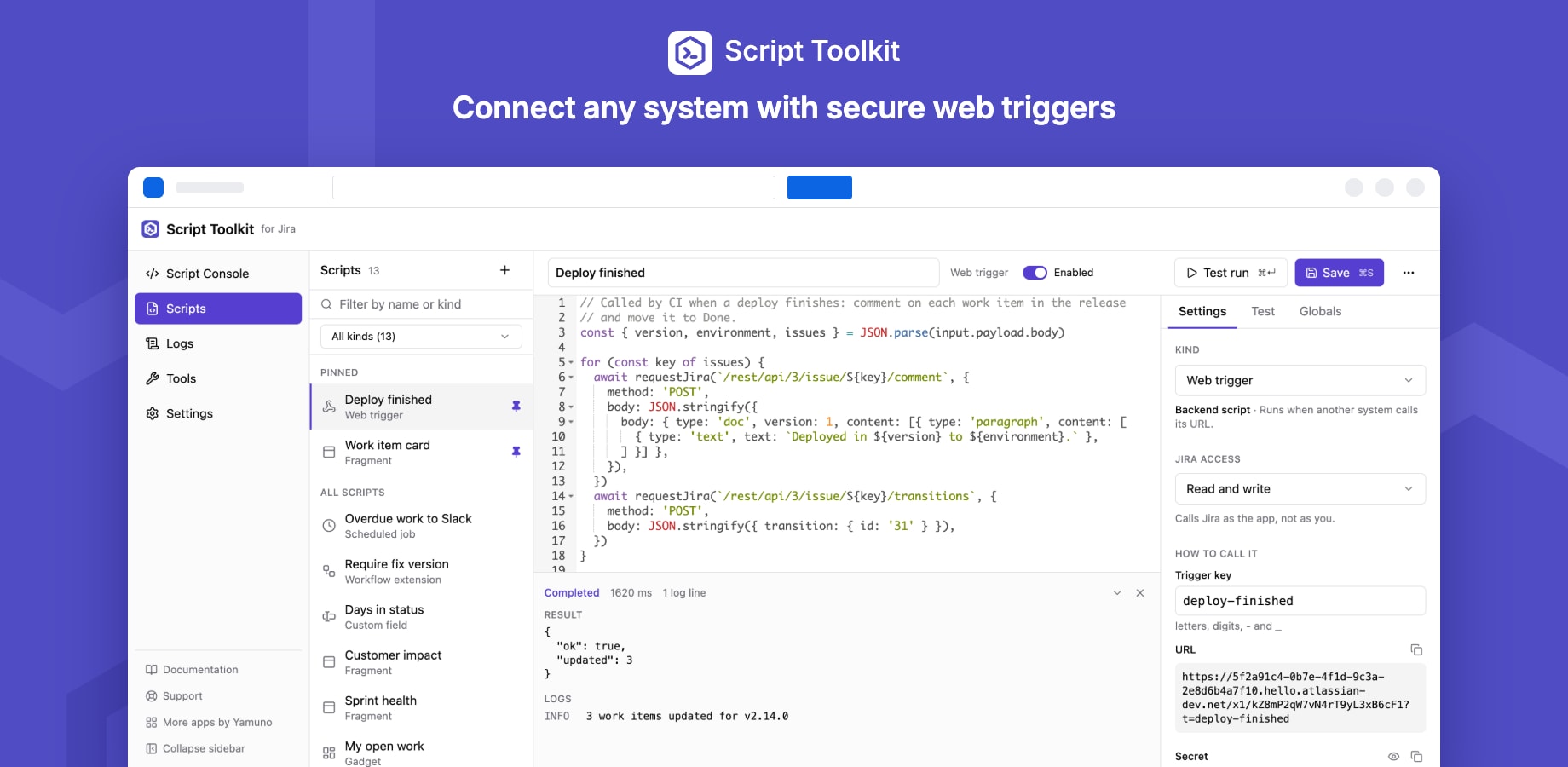 A web trigger with its URL, secret and a test run