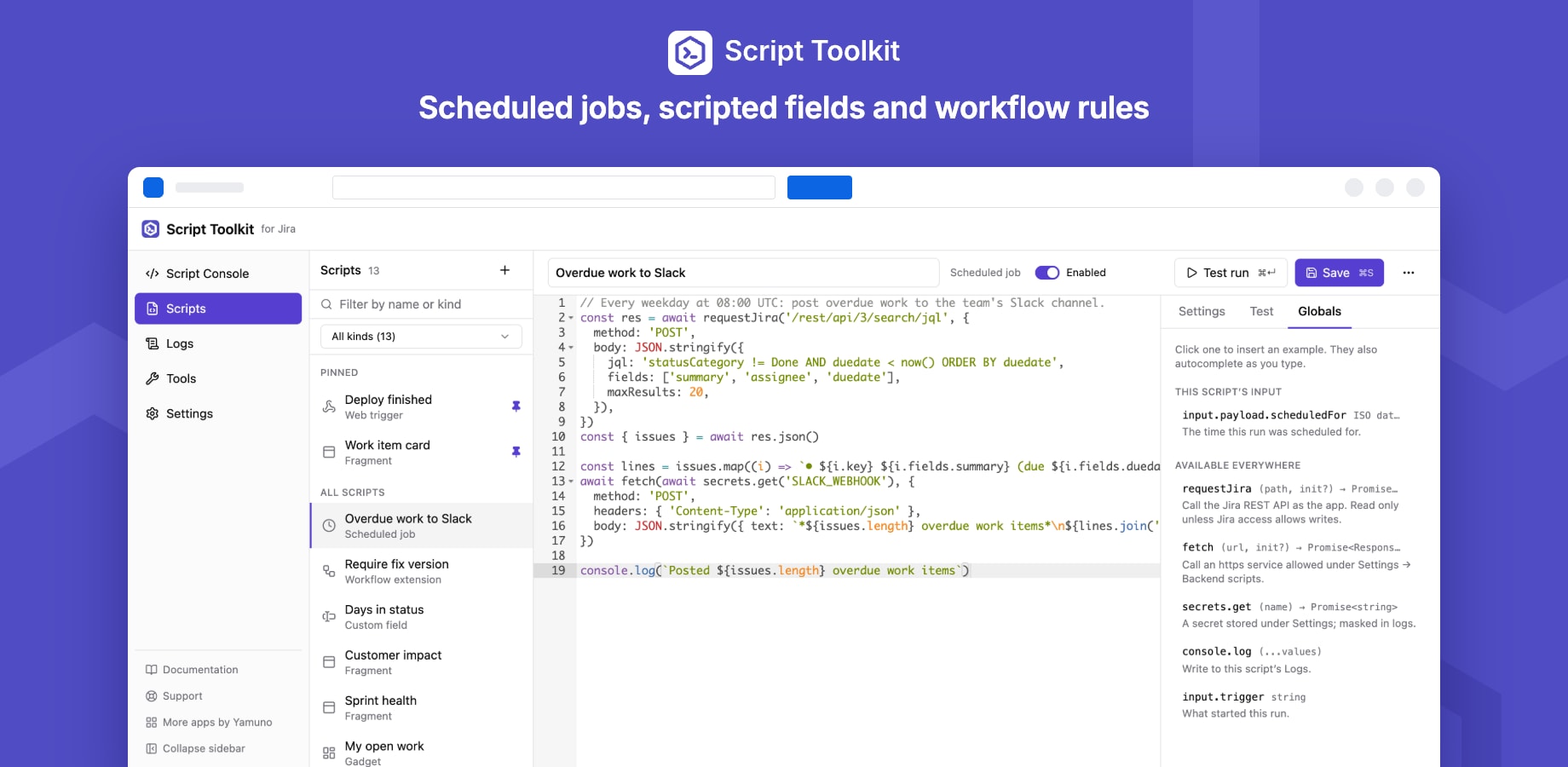 A scheduled job with the Globals tab open